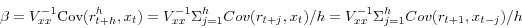 \begin{displaymath} \beta =V_{xx}^{-1} \mbox{Cov}(r_{t+h}^h ,x_t )=V_{xx}^{-1} \Sigma _{j=1}^h Cov(r_{t+j} ,x_t )/h=V_{xx}^{-1} \Sigma _{j=1}^h Cov(r_{t+1} ,x_{t-j} )/h \end{displaymath}