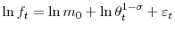  \ln f_{t}=\ln m_{0}+\ln\theta_{t}^{1-\sigma }+\varepsilon_{t}
