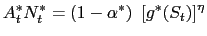 $\displaystyle A_{t}^{\ast}N_{t}^{\ast}=(1-\alpha^{\ast})\ \left[ g^{\ast}(S_{t})\right] ^{\eta}$