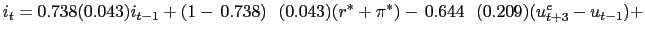 $\displaystyle i_{t}=\putb0.738(0.043)i_{t-1}+(1\putb-\,0.738)~~(0.043)(r^{*}+\pi ^{*})\putb-\,0.644~~(0.209)(u_{t+3}^{e}-u_{t-1})+ $