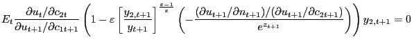 $\displaystyle E_{t}\frac{\partial u_{t}/\partial c_{2t}}{\partial u_{t+1}/\part... ...)/(\partial u_{t+1}/\partial c_{2t+1})}{e^{z_{t+1}}}\right) \right) y_{2,t+1}=0$