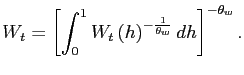 $\displaystyle W_{t}=\left[ \int_{0}^{1}W_{t}{}\left( h\right) ^{-\frac{1}{\theta_{w}}}dh \right] ^{-\theta_{w}}.$