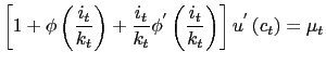$\displaystyle \left[ 1+\phi\left( \frac{i_{t}}{k_{t}}\right) +\frac{i_{t}}{k_{t}} \phi^{^{\prime}}\left( \frac{i_{t}}{k_{t}}\right) \right] u^{^{\prime} }\left( c_{t}\right) =\mu_{t}$