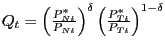 $ Q_{t} =\left( {\frac{P_{Nt}^{\ast}}{P_{Nt} }} \right) ^{\delta}\left( {\frac{P_{Tt}^{\ast}}{P_{Tt} }} \right) ^{1-\delta}$