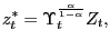 $\displaystyle z_{t}^{\ast}=\Upsilon_{t}^{\frac{\alpha}{1-\alpha}}Z_{t},$