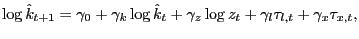 $\displaystyle \log\hat{k}_{t+1}=\gamma_{0}+\gamma_{k}\log\hat{k}_{t}+\gamma_{z}\log z_{t}+\gamma_{l}\tau_{l,t}+\gamma_{x}\tau_{x,t},$