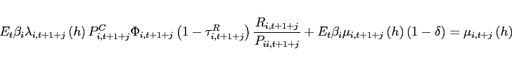 \begin{eqnarray*} E_{t}\beta _{i}\lambda _{i,t+1+j}\left( h\right) P_{i,t+1+j}^{C}\Phi _{i,t+1+j}\left( 1-\tau _{i,t+1+j}^{R}\right) \frac{R_{i,t+1+j}}{P_{ii,t+1+j} }+E_{t}\beta _{i}\mu _{i,t+1+j}\left( h\right) \left( 1-\delta \right) =\mu _{i,t+j}\left( h\right) \end{eqnarray*}