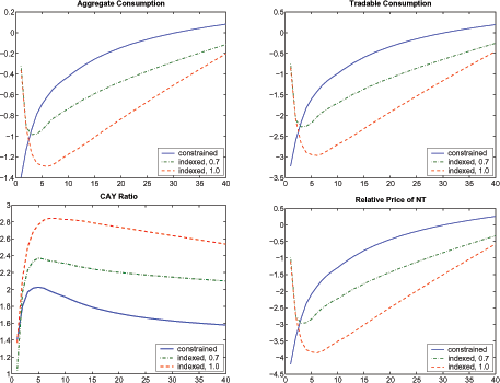 Figure 7 plots the conditional forecasting functions for aggregate consumption, tradable consumption, current account-output ratio, and relative price of nontradables in response to a 1-standard-deviation negative shock. The Solid blue lines plot forecast functions in the frictionless economy, the dashed green lines plot the forecast function in the indexed economy with the degree of indexation 0.7, and dashed red lines plot the forecast functions in indexed economy with the degree of indexation 1.0. This figure suggests that when the degree of indexation becomes higher, 0.7 and 1.0, for example, tradables consumption and aggregate consumption fall below the constrained case after the fourth quarter and stay below for more than 30 quarters, despite the initially small effects of a negative endowment shock.  In other words, degrees of indexation higher than 0.45 in an indexed economy imply more pronounced detrimental Sudden Stop effects than in a constrained economy.