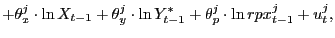 $\displaystyle +\theta_{x}^{j}\cdot\ln X_{t-1}+\theta_{y}^{j}\cdot\ln Y_{t-1}^{\ast} +\theta_{p}^{j}\cdot\ln rpx_{t-1}^{j}+u_{t}^{j},$