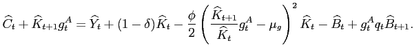 $\displaystyle \widehat{C}_t+\widehat{K}_{t+1}g_t^A=\widehat{Y}_t+(1-\delta) \widehat{K}_t-\frac{\phi}{2}\left(\frac{\widehat{K}_{t+1}}{\widehat{K}_t}g_t^A-\mu_g \right)^2\widehat{K}_t-\widehat{B}_t+g_t^Aq_t\widehat{B}_{t+1}.$