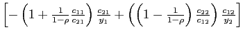 $ \left[ -\left( 1+\frac{1}{1-\rho}\frac{c_{11}}{c_{21}}\right) \frac{c_{21}}{y_{1} }+\left( \left( 1-\frac{1}{1-\rho}\right) \frac{c_{22}}{c_{12}}\right) \frac{c_{12}}{y_{2}}\right] $
