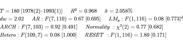 \begin{displaymath} \begin{array}[t]{l} \;\vspace*{-0.05in}\ \begin{array}[c]{l} T=180\;[\text{1978(2)--1993(1)}]\;\;\;\;\;R^{2}=0.968\;\;\;\;\;\hat{\sigma }=2.058\%\smallskip \end{array}\ \begin{array}[c]{l} dw=2.02\;\;\;\;\;\text{\emph{AR}}:F(7,110)=0.67\;[0.695]\;\;\;\;\;LM_{p} :F(1,116)=0.08\;[0.773]^{d}\smallskip \end{array}\ \begin{array}[c]{l} \text{\emph{ARCH}}:F(7,103)=0.92\;[0.491]\;\;\;\;\;\text{\emph{Normality} }:\chi^{2}(2)=0.77\;[0.682]\smallskip \end{array}\ \begin{array}[c]{l} \text{\emph{Hetero}}:F(109,7)=0.08\;[1.000]\;\;\;\;\;\text{\emph{RESET} }:F(1,116)=1.89\;[0.171]\medskip \end{array}\end{array}\end{displaymath}