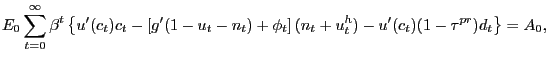 $\displaystyle E_{0} \sum_{t=0}^{\infty} \beta^{t} \left\{ u^{\prime} (c_{t})c_{t} - \left[ g^{\prime}(1-u_{t}-n_{t}) + \phi_{t}\right] (n_{t} + u^{h}_{t}) - u^{\prime}(c_{t}) (1-\tau^{pr})d_{t} \right\} = A_{0},$