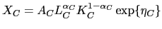 $\displaystyle X_{C}=A_{C}L_{C}^{\alpha_{C}}K_{C}^{1-\alpha_{C}}\exp\{\eta_{C}\}$