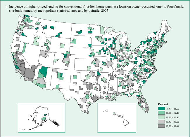 Figure 4. Incidence of higher-priced lending for conventional first-lien home-purchase loans on owner-occupied, one- to four-family, site-built homes, by metropolitan statistical area and by quintile, 2005.
