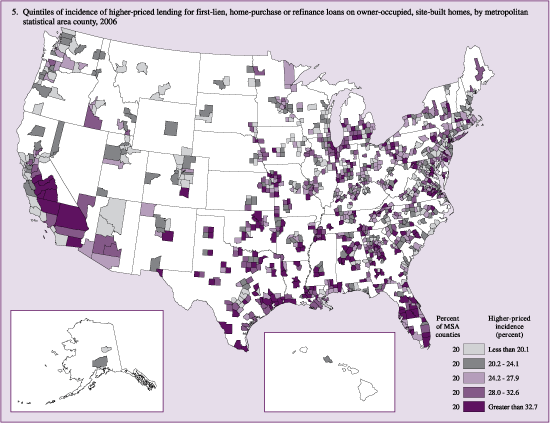 Quintiles of incidence of higher-priced lending for first-lien, home-purchase or refinance loans on owner-occupied, site-built homes, by metropolitan statistical area (MSA) county, 2006