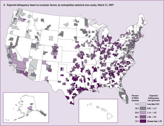 Expected delinquency rates based on economic factors, by metropolitan statistical area (MSA) county, March 31, 2007