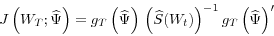 \begin{displaymath} J\left( W_{T};\widehat{\Psi}\right) =g_{T}\left( \widehat{\Psi}\right) \text{ }\left( \widehat{S}(W_{t})\right) ^{-1}\text{ }g_{T}\left( \widehat{\Psi}\right) ^{\prime} \end{displaymath}