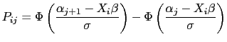 LaTex Encoded Math: \displaystyle P_{ij}=\Phi\left(\frac{\alpha_{j+1}-X_i\beta}{\sigma}\right) - \Phi\left(\frac{\alpha_j-X_i\beta}{\sigma} \right)