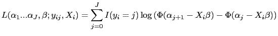 LaTex Encoded Math: \displaystyle L(\alpha_{1} ... \alpha_{J},\beta;y_{ij},X_i)=\sum_{j=0}^J I(y_i=j)\log\left(\Phi(\alpha_{j+1}-X_i\beta) - \Phi(\alpha_j-X_i\beta)\right)