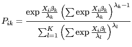 LaTex Encoded Math: \displaystyle P_{ik}=\frac{\exp\frac{X_i\beta_k}{\lambda_k}\left(\sum\exp\frac{... ...-1}}{\sum_{l=1}^K\left(\sum\exp\frac{X_i\beta_l}{\lambda_l}\right)^{\lambda_l}}