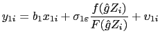 LaTex Encoded Math: \displaystyle y_{1i}=b_{1}x_{1i}+\sigma _{1\varepsilon }\frac{f(\hat{g}Z_{i})}{F(\hat{g}% Z_{i})}+\upsilon _{1i} 