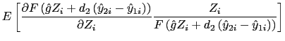 LaTex Encoded Math: \displaystyle E\left[ \frac{\partial F\left( \hat{g}Z_{i}+d_{2}\left( \hat{y}_{... ...( \hat{g}% Z_{i}+d_{2}\left( \hat{y}_{2i}-\hat{y}_{1i}\right) \right) }\right]