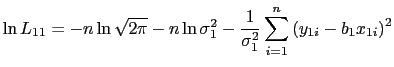 LaTex Encoded Math: \displaystyle \ln L_{11}=-n\ln \sqrt{2\pi }-n\ln \sigma _{1}^{2}-\frac{1}{\sigma _{1}^{2}}% \sum_{i=1}^{n}\left( y_{1i}-b_{1}x_{1i}\right) ^{2} 