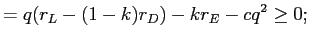 LaTex Encoded Math: \displaystyle =q(r_{L}-(1-k)r_{D})-kr_{E}-cq^{2}\geq0;