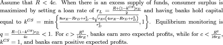 \begin{proposition} Assume that $R<4c$. When there is an excess supply of funds, consumer surplus is maximized by setting a loan rate of $r_{L}=\frac{R+(1-k^{CS})r_{D}}{2}$\ and having banks hold capital equal to $k^{CS}=\min\left\{ \frac{8cr_{E}% -Rr_{D}+r_{D}^{2}-4\sqrt{r_{E}c\left( 4cr_{E}-Rr_{D}+r_{D}^{2}\right) }% }{r_{D}^{2}},1\right\} $. Equilibrium monitoring is $q=\frac{R-(1-k^{CS}% )r_{D}}{4c}<1$. For $c>\frac{R^{2}}{16r_{E}}$, banks earn zero expected profits, while for $c<\frac{R^{2}}{16r_{E}}$, $k^{CS}=1$, and banks earn positive expected profits. \end{proposition}