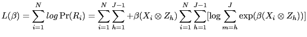 LaTex Encoded Math: \displaystyle L(\beta) = \sum_{i=1}^{N}log\Pr(R_i)= \sum_{i=1}^{N}\sum_{h=1}^{J-1} + \beta (X_i \otimes Z_h) \sum_{i=1}^{N}\sum_{h=1}^{J-1}[\log \sum_{m=h}^{J} \exp(\beta (X_i \otimes Z_h))]