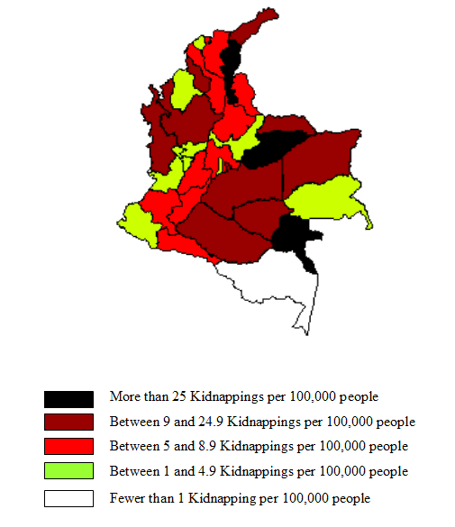 Note:  Panel A of Figure 5 shows the distribution of kidnapping rates (average, 1996-2002) across Colombia’s continental departments.  Darker areas represent departments with higher kidnapping rates.  The map divides Colombia into five types of departments according to their kidnapping rates:  (1) fewer than 1 kidnapping per 100,000 people (1 department, in white); (2) between 1 and 4.9 kidnappings per 100,000 people (10 departments, in pale green); (3) between 5 and 8.9 kidnappings per 100,000 people (9 departments, in red); (4) between 9 and 24.9 kidnappings per 100,000 people (9 departments, in brown); and (5) more than 25 kidnappings per 100,000 people (3 departments, in black).