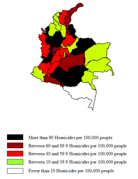 Note:  Panel B of Figure 5 shows the distribution of homicide rates (average, 1996-2002) across Colombia’s continental departments. Darker areas represent departments with higher homicide rates.  The map divides Colombia into five types of departments according to their homicide rates:  (1) fewer than 10 homicides per 100,000 people (1 department, in white); (2) between 10 and 39.9 homicides per 100,000 people (10 departments, in pale green); (3) between 40 and 59.9 homicides per 100,000 people (7 departments, in red); (4) between 60 and 89.9 homicides per 100,000 people (6 departments, in brown); and (5) more than 90 homicides per 100,000 people (7 departments, in black).