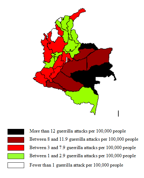 Note:  Panel C of Figure 5 shows the distribution of guerrilla attacks per capita (average, 1996-2002) across Colombia’s continental departments. Darker areas represent departments with higher guerrilla attacks per capita.  The map divides Colombia into five types of departments according to their guerrilla attack rates:  (1) fewer than 1 guerrilla attack per 100,000 people (3 departments, in white); (2) between 1 and 2.9 guerrilla attacks per 100,000 people (11 departments, in pale green); (3) between 3 and 7.9 guerrilla attacks per 100,000 people (9 departments, in red); (4) between 8 and 11.9 guerrilla attacks per 100,000 people (5 departments, in brown); and (5) more than 12 guerrilla attacks per 100,000 people (4 departments, in black).