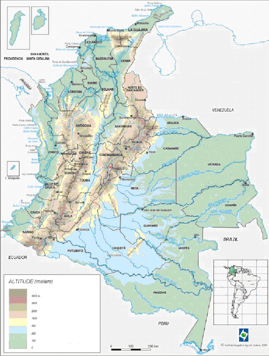 Figure 4 is a map of Colombia that divides its territory into 32 departments.  (Appendix Table 3 contains a full list of Colombia’s departments.)  The map illustrates that the Andes range crosses the country roughly along its north-south axis, dividing the country into four areas:  two low-altitude areas on the seacoasts of the Pacific Ocean and the Caribbean Sea; one high-altitude region on the Andes Mountains from the southwestern limit with Ecuador to the northeastern limit with Venezuela; and one low-altitude region of tropical rain forests close to the basins of the Amazon and Orinoco rivers.  The most populous cities in Colombia are located in the Andean region and the Caribbean seacoast.  For the statistical analysis in the paper, we exclude the archipelago of San Andres-Providencia on the Caribbean Sea, and we consider the capital district of Bogota as a separate department.  