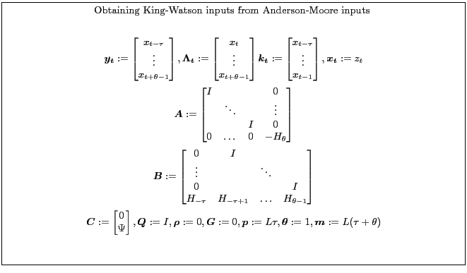 \fbox{\parbox{0.9\textwidth}{\small \centerline{Obtaining King-Watson inputs fro... ...L\tau,\boldsymbol{\theta}:=1,\boldsymbol{m}:=L(\tau +\theta)\ \end{gather*} }}