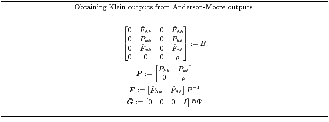 \fbox{\parbox{0.9\textwidth}{\small \centerline{Obtaining Klein outputs from Anderson-Moore outputs }\begin{gather*} \begin{bmatrix} 0& \hat{F}_{\Lambda k}&0&\hat{F}_{\Lambda \delta}\ 0&P_{kk}&0&P_{k\delta}\ 0&\hat{F}_{x k}&0&\hat{F}_{x\delta}\ 0&0&0&\rho \end{bmatrix}:=B\ \boldsymbol{P}:= \begin{bmatrix} P_{kk}&P_{k\delta}\ 0&\rho\ \end{bmatrix}\ \boldsymbol{F} := \begin{bmatrix} \hat{F}_{\Lambda k}& \hat{F}_{\Lambda \delta} \end{bmatrix} P^{-1}\ \boldsymbol{\bar{G}}:= \begin{bmatrix} 0&0&0&I \end{bmatrix} \Phi \Psi \end{gather*} }}
