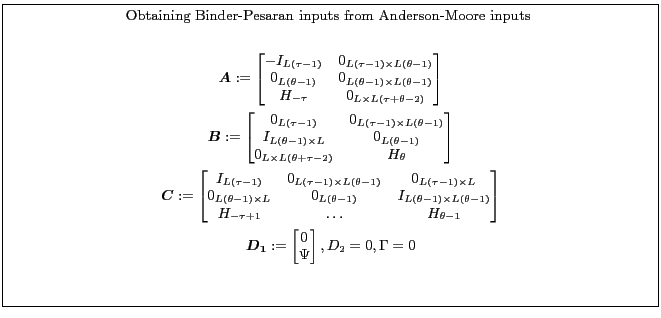 \fbox{\parbox{0.9\textwidth}{\small \centerline{Obtaining Binder-Pesaran inputs ... ...1}:= \begin{bmatrix} 0\\ \Psi \end{bmatrix},D_2=0,\Gamma=0\ \end{gather*} }}