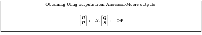 \fbox{\parbox{0.9\textwidth}{\small \centerline{Obtaining Uhlig outputs from Anderson-Moore outputs }\begin{gather*} \begin{bmatrix} \boldsymbol{ R}\\ \boldsymbol{P} \end{bmatrix}:=B, \begin{bmatrix} \boldsymbol{Q}\\ \boldsymbol{S} \end{bmatrix}:= \Phi \Psi \end{gather*} }}