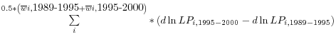 \sum\limits_i^ {0.5\ast \left( {\overline w i,\mbox{1989-1995}+\overline w i,\mbox{1995-2000}} \right)} \ast \left( {d\ln LP_{i,1995-2000} -d\ln LP_{i,1989-1995} } \right)