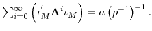  % {\textstyle\sum\nolimits_{i=0}^{\infty}} \left( \iota_{M}^{^{\prime}}\mathbf{A}^{i}\iota_{M}\right) =a\left( \rho^{-1}\right) ^{-1}.