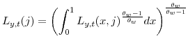 \displaystyle L_{y,t}(j)=\left( \int_{0}^{1} L_{y,t}(x,j)^{\frac{\theta_{w}-1}{\theta_{w}}} dx \right) ^{\frac{\theta_{w}% }{\theta_{w}-1}}% 