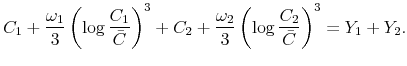 \displaystyle C_{1}+\frac{\omega_{1}}{3}\left( \log\frac{C_{1}}{\bar{C}}\right) ^{3}% +C_{2}+\frac{\omega_{2}}{3}\left( \log\frac{C_{2}}{\bar{C}}\right) ^{3}=Y_{1}+Y_{2}.