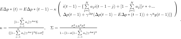 \begin{displaymath} \begin{array}{l} E\Delta p\ast (t)=E\Delta p\ast (t-1)-\kap... ...mits_{j=1}^N {a_j } ]\gamma^{\Delta p} \}^2} \ \end{array}. \end{displaymath}