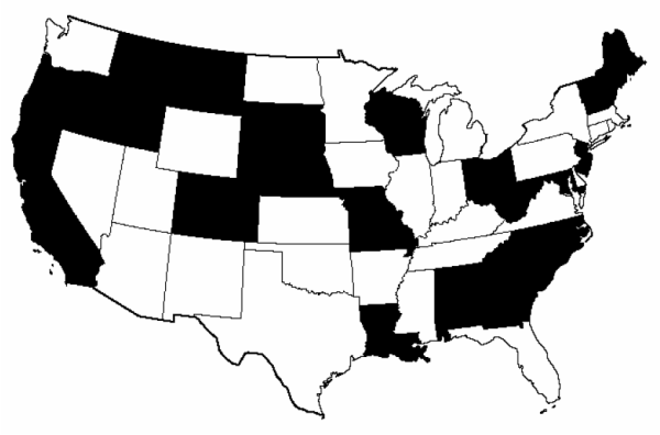 Figure 1: States included in the dataset. A map of the 48 contiguous states with Alabama, California, Colorado, Georgia, Idaho, Louisiana, Maine, Maryland, Missouri, Montana, Nebraska, New Hampshire, New Jersey, North Carolina, Ohio, Oregon, South Carolina, South Dakota, Vermont, West Virginia, and Wisconsin shaded.