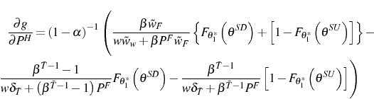 \begin{multline*} \frac{\partial g}{\partial P^{H}}=\left( 1-\alpha\right) ^{-1}... ...1-F_{\theta_{1}^{\ast}}\left( \theta^{SU}\right) \right] \right) \end{multline*}