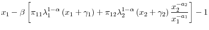 \displaystyle x_{1}-\beta\left[ \pi_{11}\lambda_{1}^{1-\alpha}\left( x_{1}+\gamma _{1}\right) +\pi_{12}\lambda_{2}^{1-\alpha}\left( x_{2}+\gamma_{2}\right) \frac{x_{2}^{-a_{2}}}{x_{1}^{-a_{1}}}\right] -1