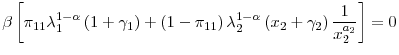 \displaystyle \beta\left[ \pi_{11}\lambda_{1}^{1-\alpha}\left( 1+\gamma_{1}\right) +\left( 1-\pi_{11}\right) \lambda_{2}^{1-\alpha}\left( x_{2}+\gamma _{2}\right) \frac{1}{x_{2}^{a_{2}}}\right] =0 