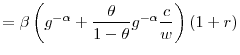 \displaystyle =\beta\left( g^{-\alpha}+\frac{\theta}{1-\theta}g^{-\alpha}\frac{c}% {w}\right) \left( 1+r\right)