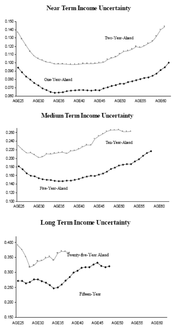 Figure 2.  Title "Variance of forecast errors for different forecast horizons as a function of age for the restricted information set (RIS) estimates." The chart has three panels. The horizontal axis of each panel is age. The vertical axis of each panel is the variance of forecast residuals.  The top panel shows near term income uncertainty, the middle panel shows the middle term income uncertainty, the bottom panel shows the long term income uncertainty.  The panels show the income uncertainty estimated using the RIS - restricted information specification.  In each of the three panels, we see a U-shaped income uncertainty profile over the lifecycle.